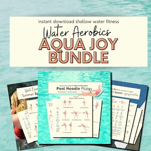 Puede incluir: AQUA JOY BUNDLE, una colección de guías descargables de fitness en aguas poco profundas. El paquete incluye guías para aeróbic acuático, pilates con fideos de piscina y ejercicios de pared. Las guías presentan ilustraciones de ejercicios.