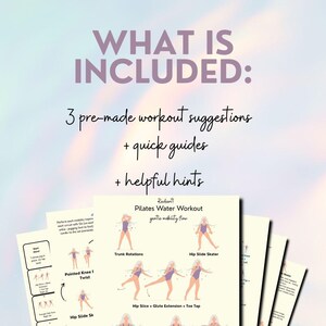 Pretty opalescence background with large bold font in the center that reads, what is included? Under the bold font is script that reads, 3 pre-made workout suggestions, quick guide and helpful hints. Under the script are examples of the pdfs zoomed out.