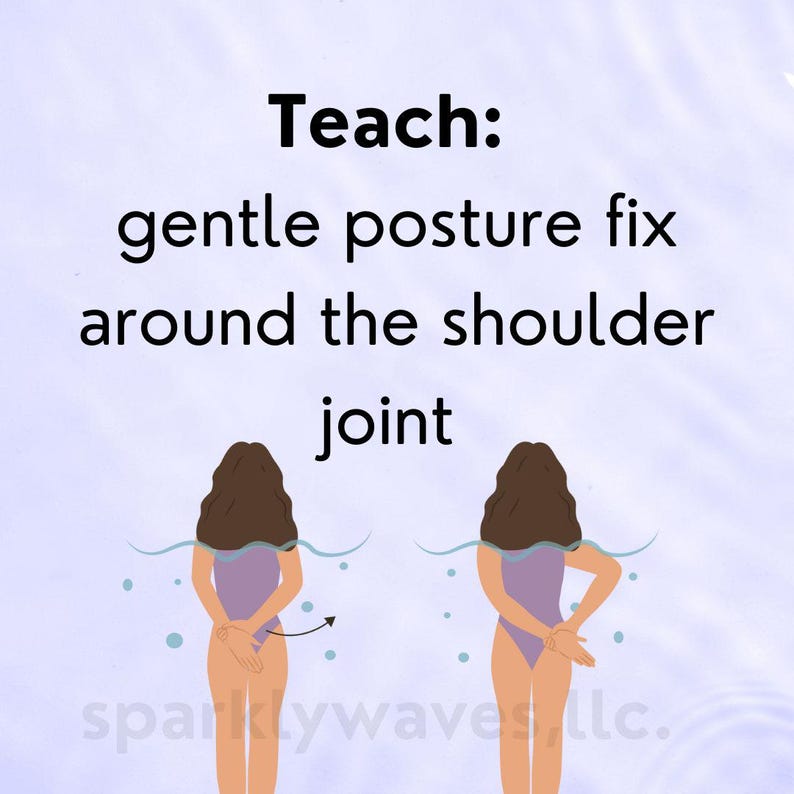 Light purple color with ripples that represent water or the texture of a pool. In the center of the slide is a simple banner with text. The text reads Teach gentle posture fix around the shoulder joint. Under the text are two illustrations of a dark haired women doing shoulder stretches in the pool.