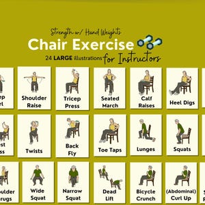 Stuhlübung Illustrationen für Fitnesslehrer, Gewichtheben für Senioren, Cue Cards für Personal Trainer, Gruppenübungen, Ideen für den Unterricht
