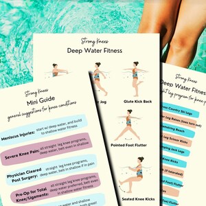 K&ouml;nnte beinhalten: Ein Leitfaden f&uuml;r Deep-Water-Fitness f&uuml;r Menschen mit Knieproblemen. Der Leitfaden enth&auml;lt Illustrationen von &Uuml;bungen wie Glute Kick Back, Pointed Foot Flutter und Seated Knee Kicks. Der Text enth&auml;lt Vorschl&auml;ge f&uuml;r Knieverletzungen, starke Knieschmerzen, Nachoperationen und Pre-Op f&uuml;r das gesamte Knie/die B&auml;nder.