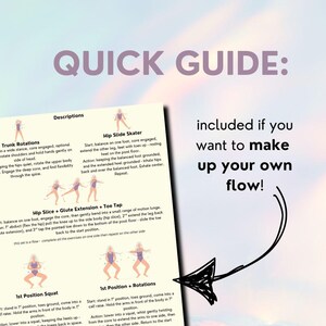 Pretty opalescence background with large banner in center of the slide that reads, quick guide in the large, bold font. Under the title is another closer up view of one of the pages in the bundle - this one does show more text. The text is describing in detail each of the water aerobics exercises - both start position for the body and action or the muscles involved. To the side of the PDF page is a more informational text for the customer "included if you want to make up your own flow".