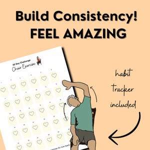 Picture of a senior (fit) man doing a side stretch wearing a green shirt, gray pants. Behind him is a zoomed out image of a printable habit tracker.