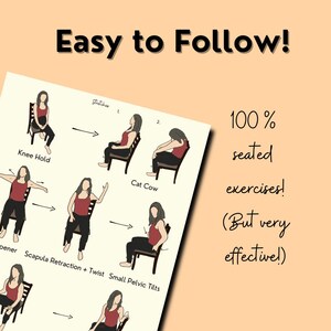 Close up image of the illustrated exercise pdfs for seniors - shows a women doing an exercise flow of stretches - she is gray haired, slim, red shirt. Title reads, "easy to follow" each exercise has arrows to emphasis movement.