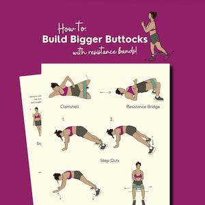 Purple back ground with an illustration of a fit dark haired girl doing a leg workout with a resistance band. PDF is shown below title, "how to build bigger buttocks with resistance bands".