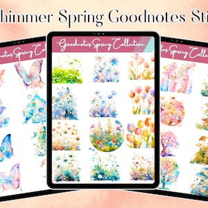 Puede incluir: Tres tabletas digitales que muestran una colección de pegatinas con temática de primavera, estilo acuarela. Las pegatinas presentan mariposas, flores y otros elementos de la naturaleza en colores pastel. El texto en la parte superior dice "150+ Shimmer Spring Goodnotes Stickers."