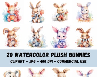 Watercolor Plush Bunny Clipart, Digital Planner, Scrapbooking, Commercial Use | digital download