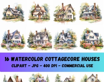 Watercolor Cottagecore House Clipart, Digital Planner, Scrapbooking, Commercial Use | digital download