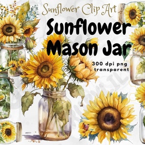 Tournesol Mason Jar - Tournesol Clip art - Tournesols aquarelles au format PNG transparent pour un usage commercial. Clipart floral, fleurs Boho