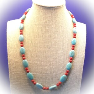 Magnesite & Coral, Oval blue green magnesite, coral bead