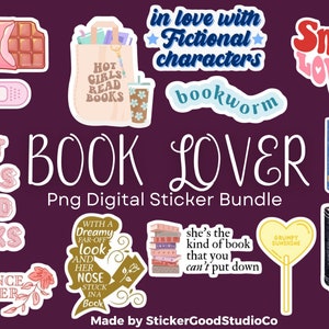 Book Lover Stickers Png Bundle|Digital Sticker Pack|For Notebook,iPad, bottle | Notability, Goodnotes, Whatsapp, Facebook