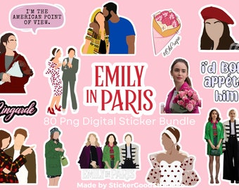 Paquete de pegatinas EMİLY İN PARIS/ Paquete de pegatinas digitales 80/ Para portátil, iPad, botella/Emily en París Pegatina png/ Emily/Gabriel/Mindy/Camille
