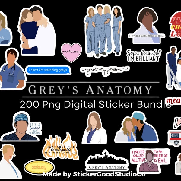 Grey’s Anatomy PNG STICKER Bundle| 200 Digital Sticker Pack| For Notebook,iPad, bottle | Medicine Digital