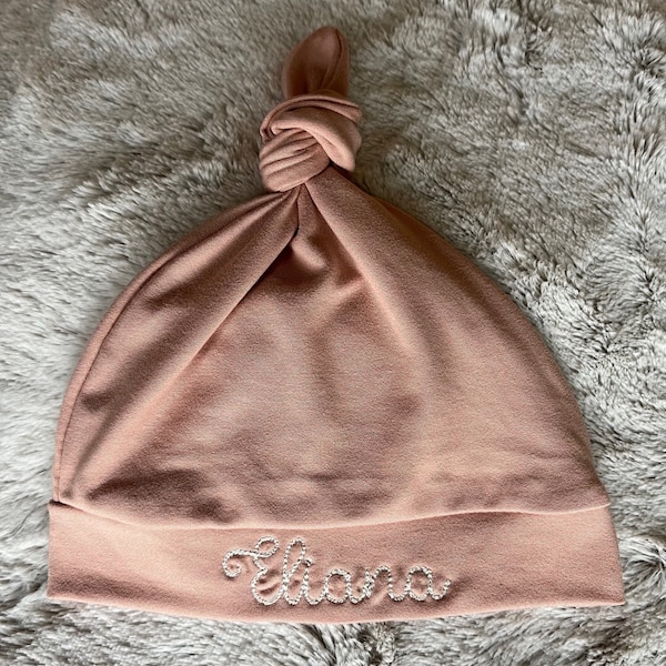 Top Knot Hat with Embroidered Name Personalized Gift for Newborn Baby Beanie for Baby Shower Gift Custom Baby Hat for Baby Announcement