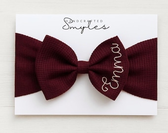 Personalized Baby Bow Headband: Embroidered Name, Burgundy Soft Waffle Knit