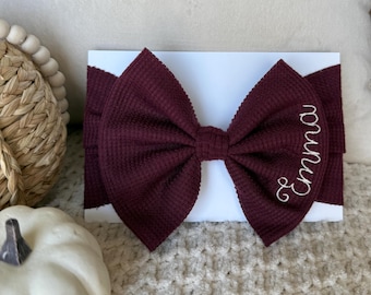 Personalized Baby Bow Headband: Embroidered Name, Burgundy Soft Waffle Knit