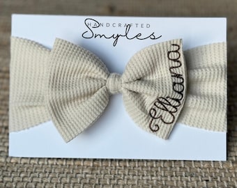 Embroidered Baby Bow Headband: Custom Monogram Waffle Knit Beige Headwrap