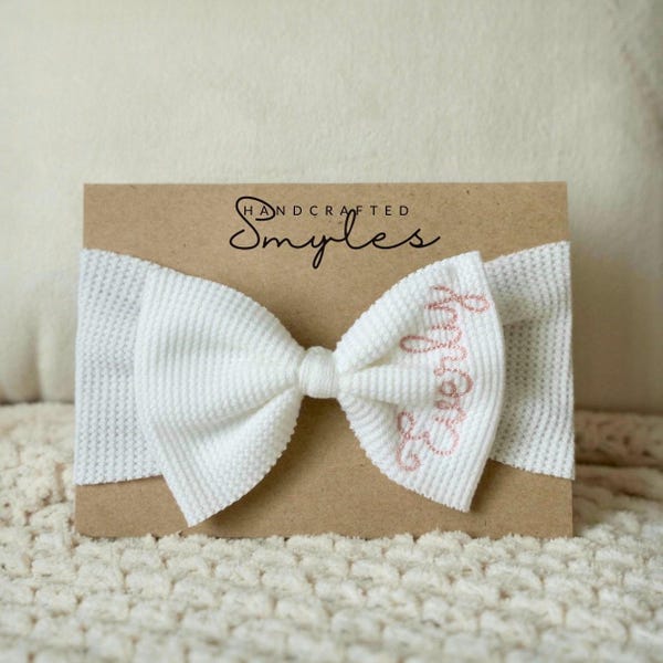 Hoofdband babystrik met monogram: geborduurde naam, zacht wafelpatroon