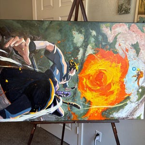 May include: An action-packed painting on canvas depicts a battle scene with two figures facing off against a large orange fireball. The figures are dressed in dark clothing with yellow accents, set against a green and pink background.