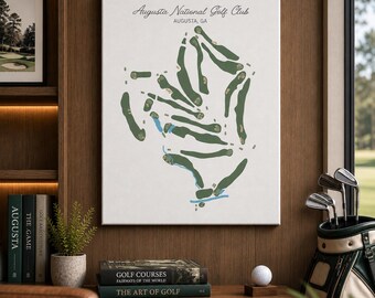 May include: A rectangular wall art print featuring a minimalist map of the Augusta National Golf Club in Augusta, GA. The design displays green fairways and blue water hazards on a white background with black text at the top of the print.