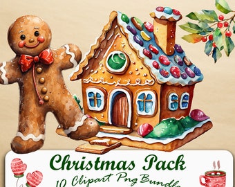 Paquete PNG de temporada navideña: 10 PNG, acuarela, fondo transparente