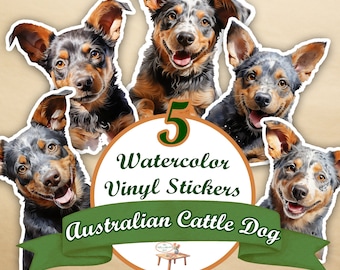 Encantadora pegatina de cachorro de perro ganadero australiano (talón azul) en acuarela: ¡arte adorable para los amantes de los perros!