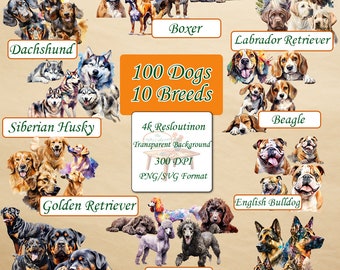Mega paquete: 100 perros, 10 razas SVG y colección de imágenes prediseñadas de perros en acuarela