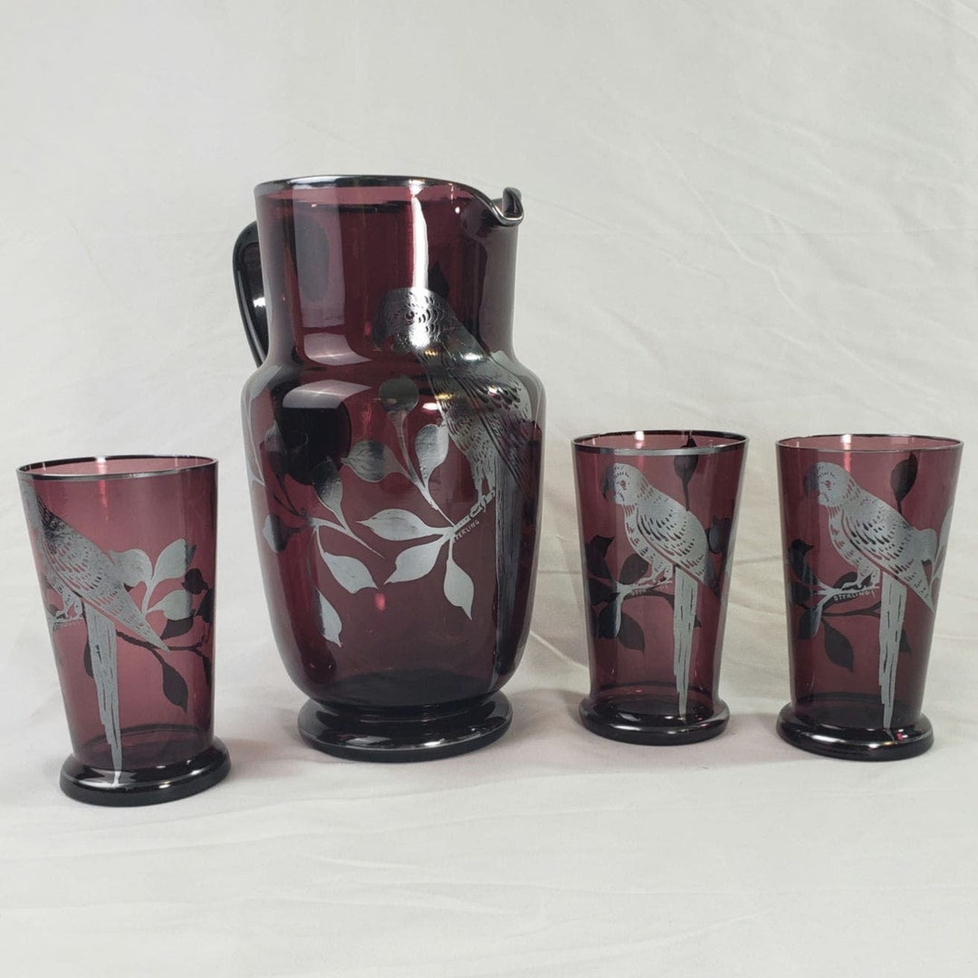 Vintage Hand Blown Amethyst Glass Pitcher & 3 Glasses With Silver ...