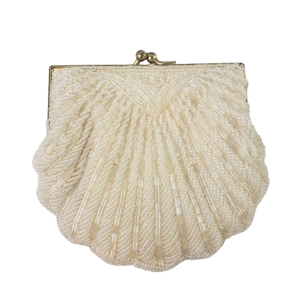 Vintage White Seed Beaded Handbag Clutch Kiss Close Flapper