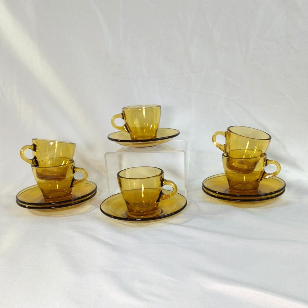 Set of 6 Vintage Amber Glass 3 Oz Espresso Cups & Saucers Vitrosax