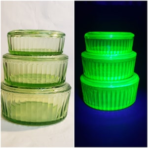 Uranium Glass Ribbed Covered Nesting Refrigerator Dishes Set of 3