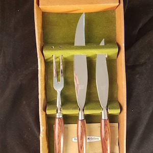 Regent Cutlery Mode Danish MCM 3 Piece Teak Handle Cutlery Set With Original Box