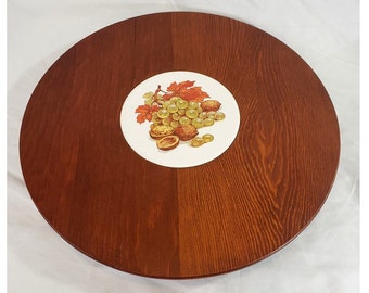 Vintage Wood Lazy Susan 16" With Round Tile in Center Grapes Walnuts