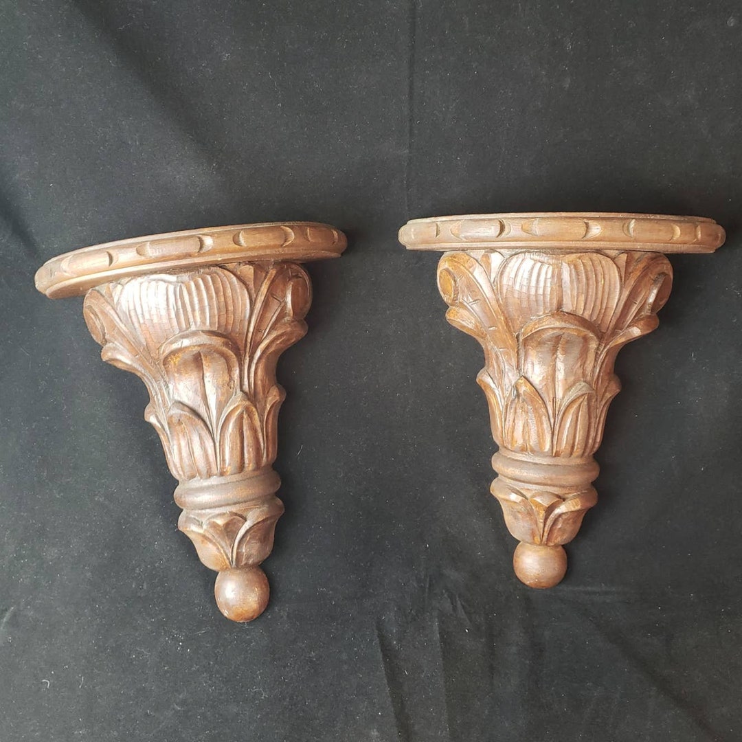 Pair Vintage Wood Wall Sconce Shelves Corbel Hand Carved Etsy