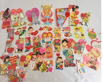 Lot of 38 Vintage Valentine Cards 1960s 1970s Die Cut Retro Kitschy