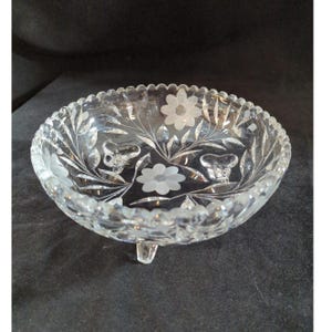 Vintage American Brilliant Cut Crystal Footed Bowl Etched Flowers Sawtooth Rim