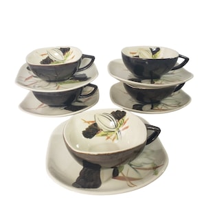 MCM Red Wing Pottery Lotus Bronze Set Of 5 Cups & Saucers Tea Coffee Soup