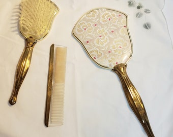 Vintage Floral Brocade Vanity Set 3 Piece Gold Toned Brush Mirror  Comb Art Deco