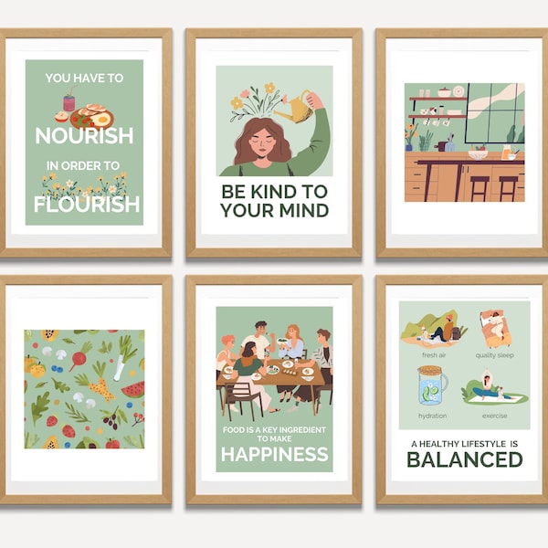 Nutrition Gallery Wall | Instant Download Posters | Sage Green Wellness Prints | Intuitive Eating, Healthy Lifestyle, Food, ED Recovery Art