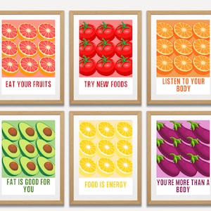 Colorful Healthy Food Gallery Wall | 6 Posters Instant Download | Bright Wellness Prints | Intuitive Eating Fruit & Vegetables Printable Art