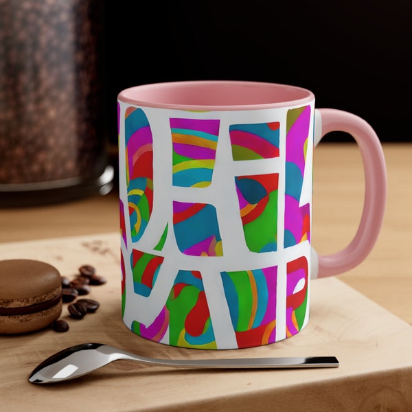 Vibrant Letters Design Coffee 11oz Mug: Psychedelic Abstraction, Soft Pastel Stripes, Abstract Watercolorist, Multicolor Expression