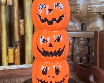 Jack O Lantern Pumpkin Stack Tiki Mug Halloween Orange Glaze 6.5" Tall 15 Oz New