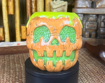 Pumpkin Skull Tiki Mug Biggs Tiki Orange Glaze Halloween Tiki 4.5" Tall 25 Oz New