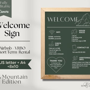 May include: A green welcome sign with white text and icons for a short-term rental. The sign includes information about WiFi, house rules, check-out instructions, contact information, and additional information. The sign is framed in wood.