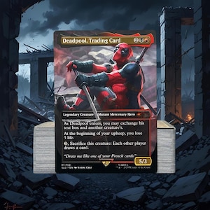 May include: A Deadpool trading card featuring the character in a seated pose with swords. The card has a red and black color scheme with text that reads "Deadpool, Trading Card" and "Mutant Mercenary Hero". The card is part of a deck.