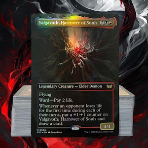 May include: A Magic: The Gathering card featuring "Valgavoth, Harrower of Souls." The card has a dark background with a spectral figure in the center. Text includes "Legendary Creature - Elder Demon," "Flying," and other game details. The card is 4/4.