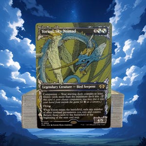 May include: A Magic: The Gathering card featuring "Yorion, Sky Nomad," a Legendary Creature - Bird Serpent. The card has a blue and green color scheme with detailed artwork of a bird-like creature. The card text includes "Companion" and "Flying" abilities.