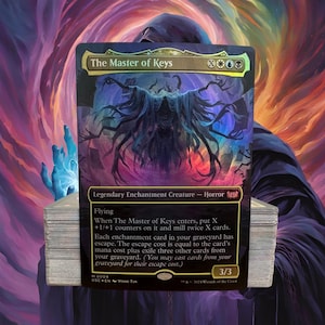 May include: A Magic: The Gathering card featuring The Master of Keys, a legendary enchantment creature with a black, blue, and purple color scheme. The card has a 3/3 power and toughness and features a dark, shadowy figure with multiple arms.