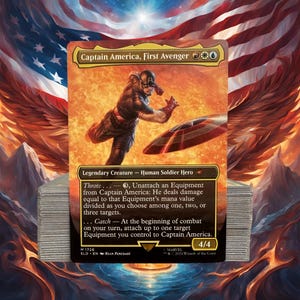 May include: Captain America, First Avenger trading card featuring a colorful illustration of Captain America throwing his shield. The card text reads "Throw... Unattach an Equipment from Captain America: He deals damage equal to that Equipment's mana value divided as you choose among one, two, or three targets... Catch - At the beginning of combat on your turn, attach up to one target Equipment you control to Captain America." The card is 4/4.