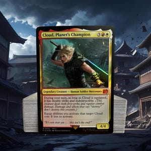 May include: A trading card featuring "Cloud, Planet's Champion" with a character illustration. The card has a gold and red border, with text describing its abilities. The card is part of a stack of cards, with a background of Japanese-style buildings.
